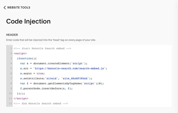 Image of instructinos for how to add the Monocle Search script with Code Injection