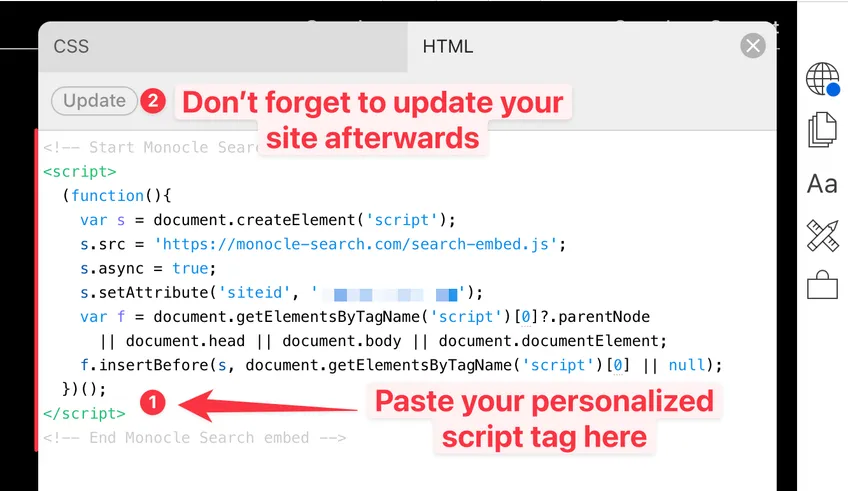 An image showing where to paste in the Monocle Script tag