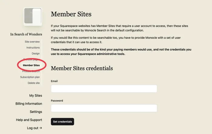 Screenshot of the Monocle Search settings section to set up Member Site search