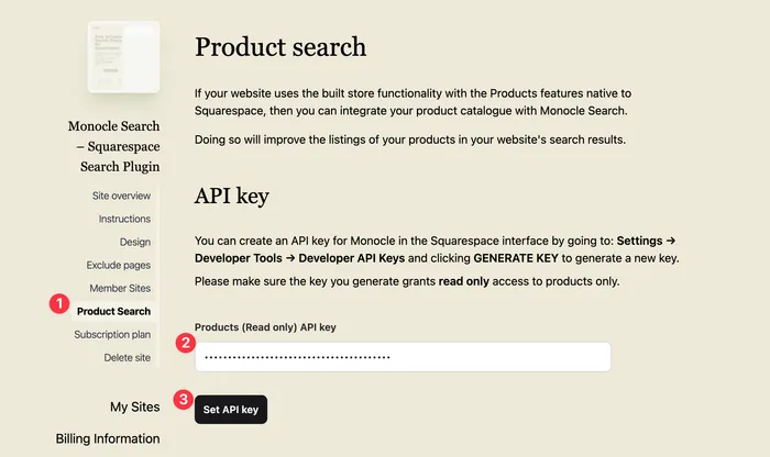 Screenshot of the Monocle Search settings section to set up Advanced Product search