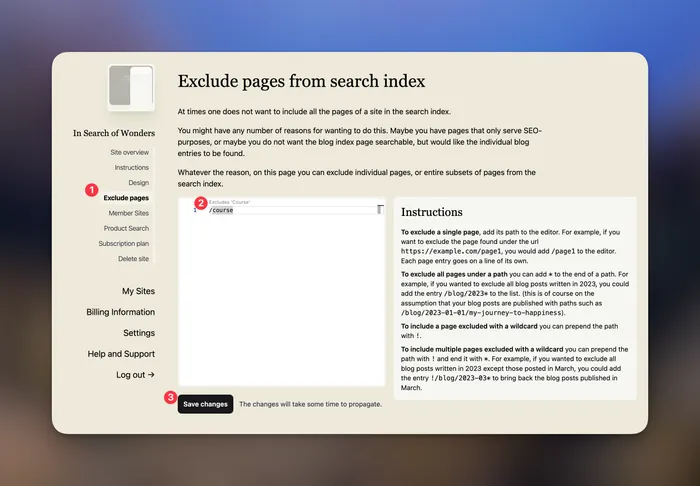 Screenshot of the Monocle Search settings section to set up Member Site search