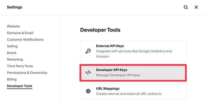 Screenshot of the Squarespace settings section to add an API key