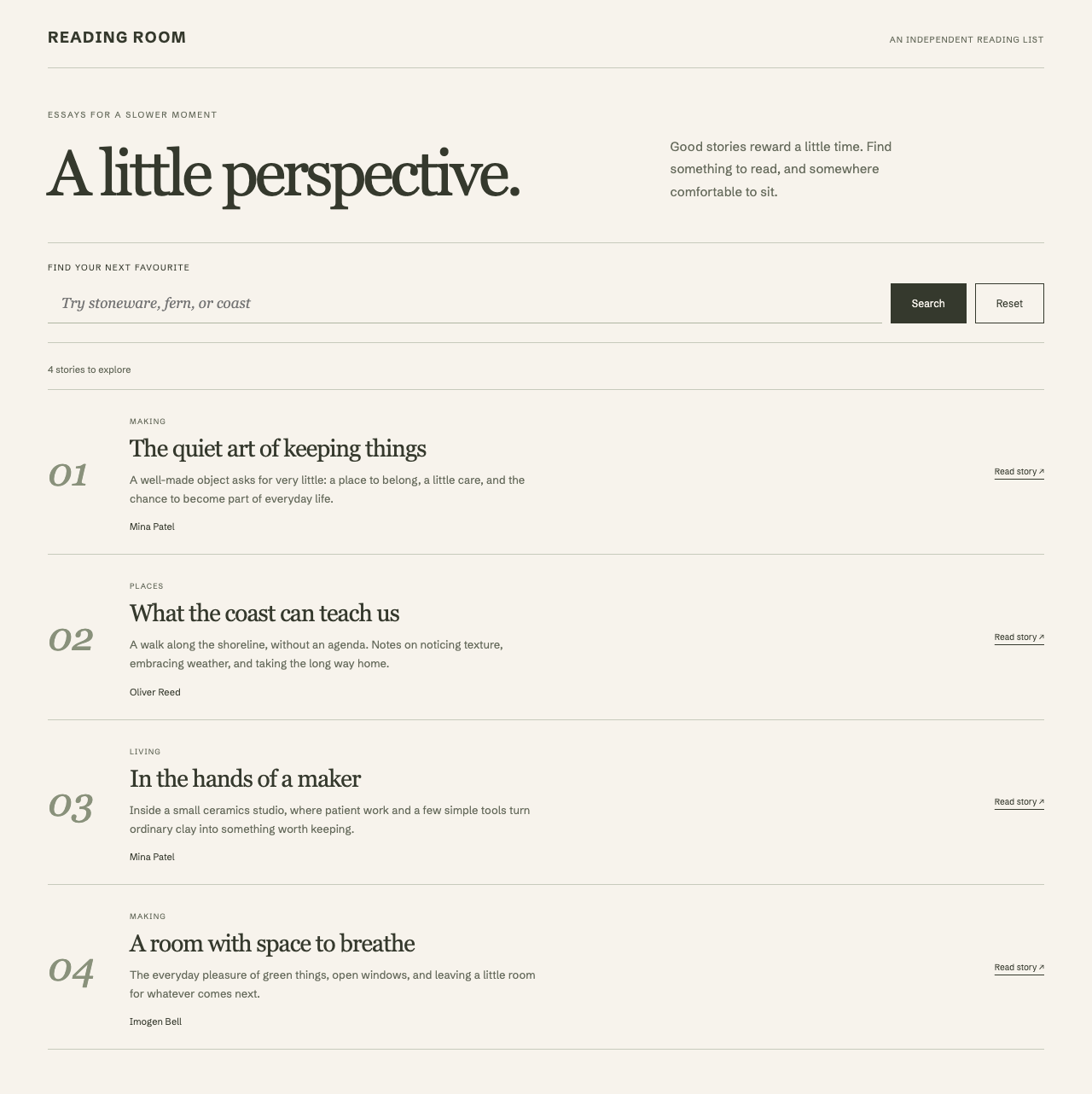A custom editorial reading interface driven by Monocle Collection events and fictional article results
