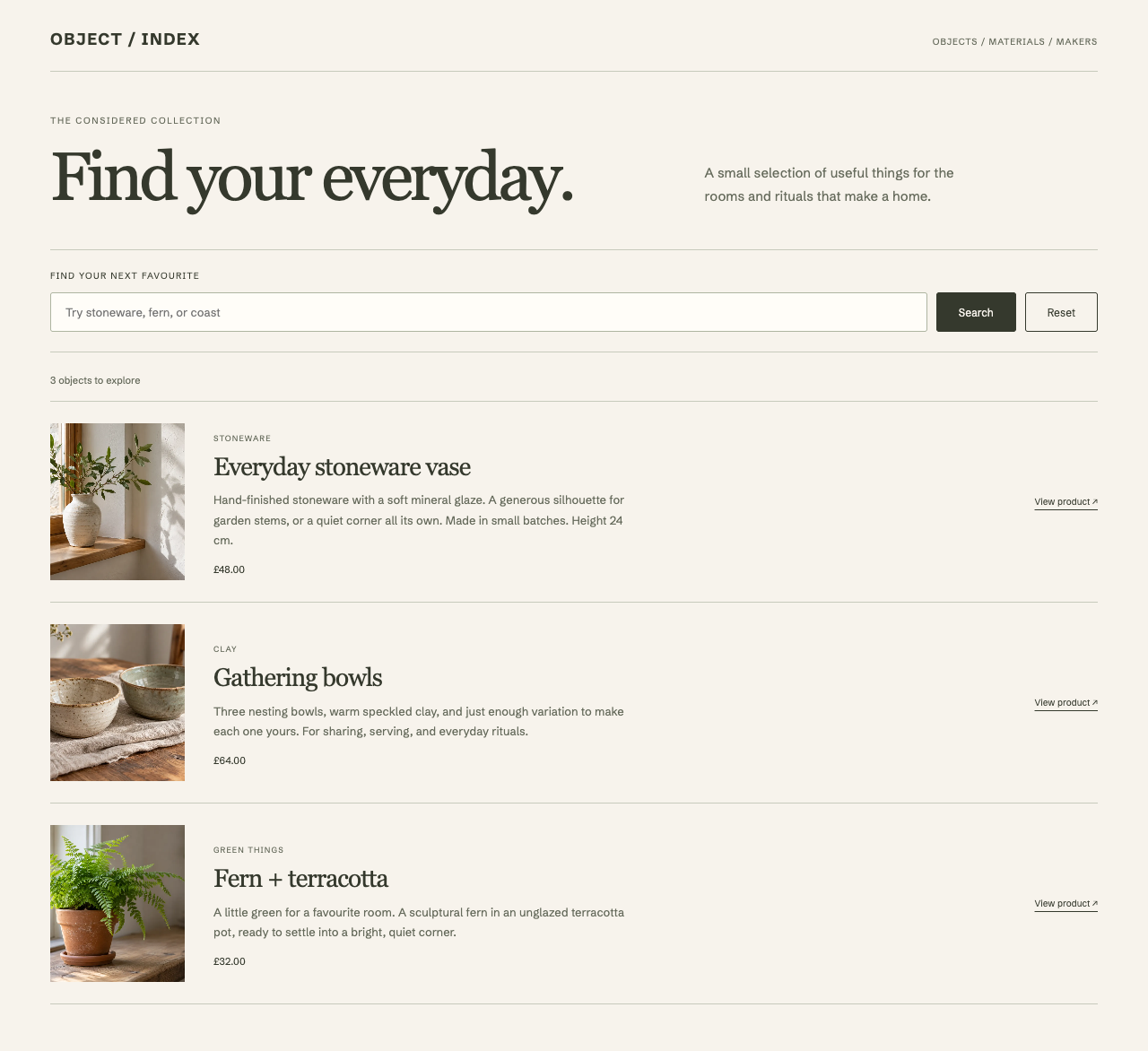 A custom product shortlist driven by Monocle Collection events, with fictional product results
