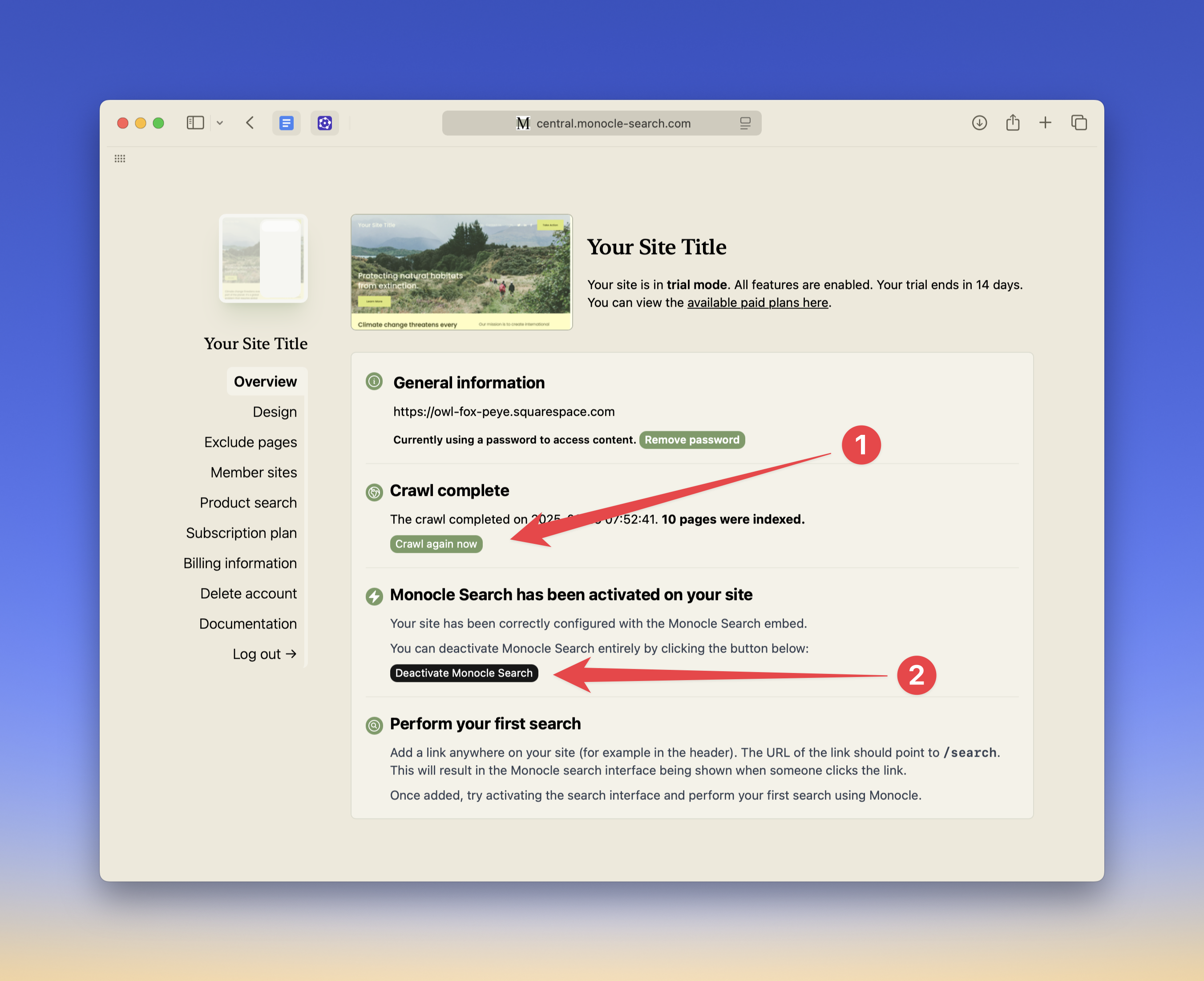 The overview page in the Monocle Search admin interface, shown once you have signed up