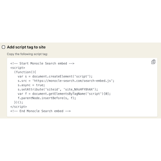 Screenshot of script tag to embed Monocle Search' website